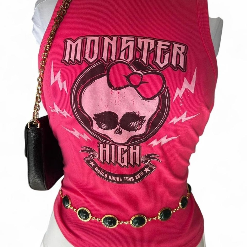 Monster High Skull Bow Graphic Baby Tank Top Pink Mall Goth Y2K Scene Small - Picture 3 of 6